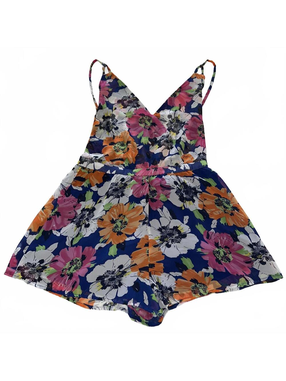 Forever 21 Purple White Orange Floral Romper Sz Small Open Back Lightweight EUC